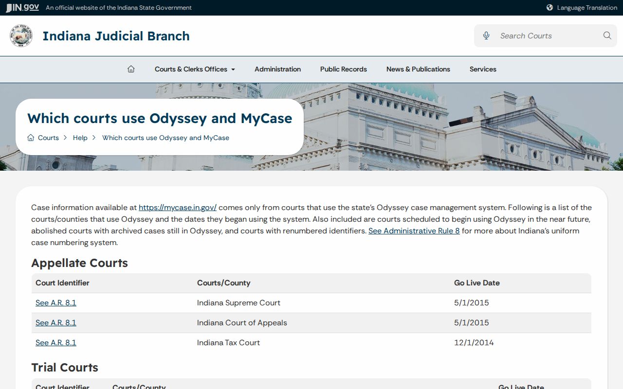 Indiana courts using Odyssey page
