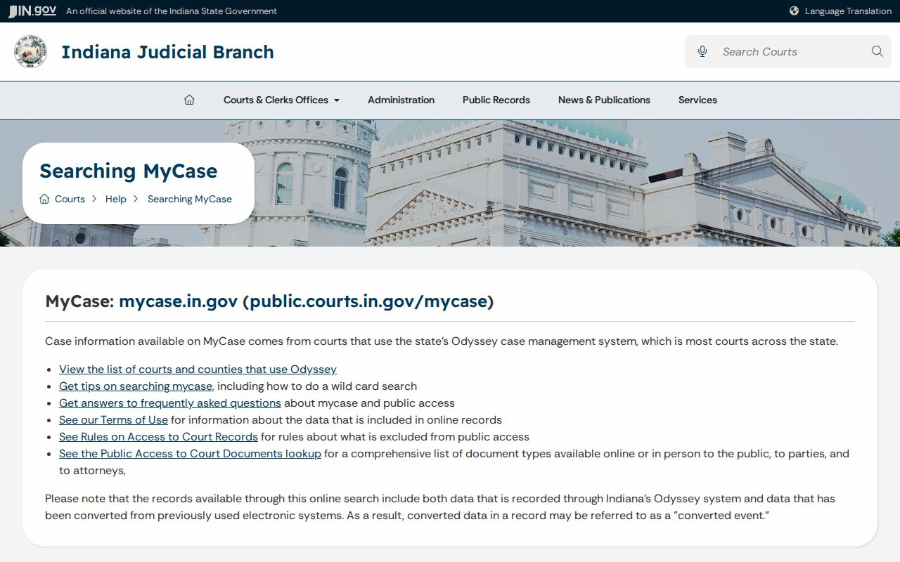 Indiana courts MyCase help page