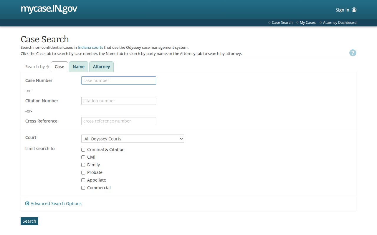 Indiana MyCase public case search screen